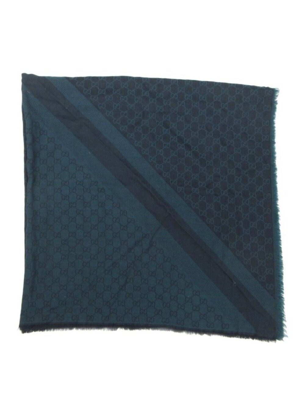 Gucci GG Jacquard Large Shawl Wool Silk Blend All Over Print Fringe Green Navy